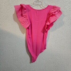 Barbiecore Ruffled Pink Bodysuit Size L Ribbed Texture & Puff Sleeves By Blue B